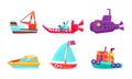 Cute Water Transport Set, Toy Boat, Yacht, Ship, Submarine, Steamboat Vector Illustration