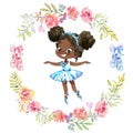 Cute Watercolor African American Ballerina. Dark Skin Girl Surrounded by floral Vignette and Ballet Shoes. Ballerina