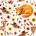 Cute watercolor animals on floral background. Royalty Free Stock Photo