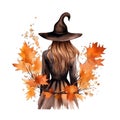 Cute watercolor autumn fall girl back view with hat and autumn colors, illustration