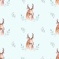 Cute watercolor baby deer animal seamless pattern, nursery illustration for children clothing, patterns