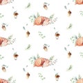 Cute watercolor baby deer animal seamless pattern, nursery isolated illustration for children clothing, patterns