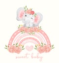 Cute watercolor baby elephant girl sitting on pink floral rainbow,nursery kid animal hand drawn illustration vector