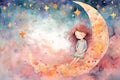 Cute watercolor baby little girl in the night moon star Illustration Royalty Free Stock Photo