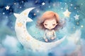 Cute watercolor baby little girl in the night moon star Illustration Royalty Free Stock Photo