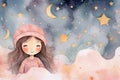 Cute watercolor baby little girl in the night moon star Illustration Royalty Free Stock Photo