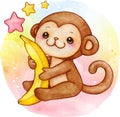 Cute watercolor baby monkey with banana sitting on raiinbow background