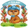 Cute watercolor bear boy baby illustration