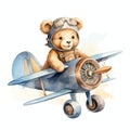 Cute watercolor bear flying on airplane illustration, teddy bears clipart