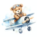 Cute watercolor bear flying on airplane illustration, teddy bears clipart Royalty Free Stock Photo