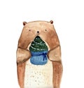 Cute watercolor bear holding Christmas spruce tree. New Year card