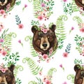Cute watercolor bear portrait in floral wreath on wild flowers background Royalty Free Stock Photo