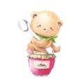 A cute watercolor bear with a spoon sits on a jar of jam.