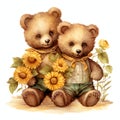 Cute watercolor bear with sunflower illustration, teddy bears clipart Royalty Free Stock Photo