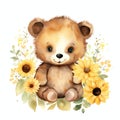 Cute watercolor bear with sunflower illustration, teddy bears clipart Royalty Free Stock Photo