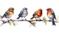 Cute Watercolor Birds Sitting on a branch