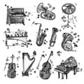 Cute watercolor black musical instruments including piano, violin, saxophone, drum, and other, vintage style