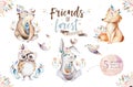 Cute watercolor bohemian baby cartoon rabbit and bear animal for kindergarten, woodland deer, fox and owl nursery Royalty Free Stock Photo