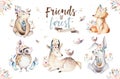 Cute watercolor bohemian baby cartoon rabbit and bear animal for kindergarten, woodland deer, fox and owl nursery