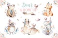Cute watercolor bohemian baby cartoon rabbit and bear animal for kindergarten, woodland deer, fox and owl nursery