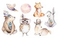 Cute watercolor bohemian baby cartoon rabbit and bear animal for kindergarten, woodland deer, fox and owl nursery Royalty Free Stock Photo