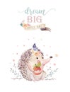 Cute watercolor bohemian baby hedgehog animal poster for nursary with bouquets, alphabet woodland isolated forest