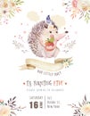 Cute watercolor bohemian baby hedgehog animal poster for nursary with bouquets, alphabet woodland isolated forest