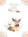 Cute watercolor bohemian baby moose animal poster for nursary, alphabet woodland isolated forest illustration for