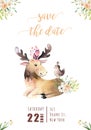 Cute watercolor bohemian baby moose animal poster for nursary, alphabet woodland isolated forest illustration for Royalty Free Stock Photo