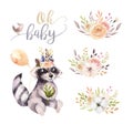 Cute watercolor bohemian baby raccoon animal poster for nursary with bouquets, children alphabet woodland isolated