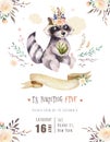 Cute watercolor bohemian baby raccoon animal poster for nursary with bouquets, children alphabet woodland isolated