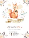 Cute watercolor bohemian baby squirrel animal poster for nursary, alphabet woodland isolated forest illustration for