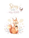Cute watercolor bohemian baby squirrel animal poster for nursary, alphabet woodland isolated forest illustration for Royalty Free Stock Photo