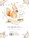 Cute watercolor bohemian baby squirrel animal poster for nursary, alphabet woodland isolated forest illustration for Royalty Free Stock Photo