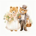 Cute watercolor bride and groom bear wedding illustration, teddy bears clipart