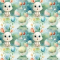 cute watercolor bunny with easter eggs on green background seamless pattern. tile Royalty Free Stock Photo