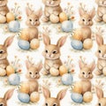 cute watercolor bunny with easter eggs on green background seamless pattern. tile Royalty Free Stock Photo