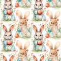 cute watercolor bunny with easter eggs on green background seamless pattern. tile Royalty Free Stock Photo