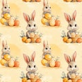 cute watercolor bunny with easter eggs on yellow background. seamless pattern. tile Royalty Free Stock Photo