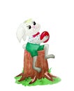 A cute watercolor bunny sits on a stump in a shirt with an Easter egg in its paws.