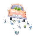 Cute watercolor car with just married sign on a wedding travel