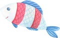 Cute watercolor cartoon fish with red stripes. Watercolour isolated image on a white background.