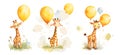 Cute watercolor cartoon giraffe with balloons. Childish style animals, funny wild animal on meadow. Characters for cards Royalty Free Stock Photo