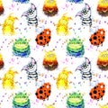 Watercolor cartoon monster seamless pattern