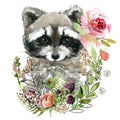 Cute watercolor cartoon raccoon.