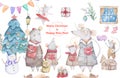 Cute watercolor cartoon set rats and spruce tree. Watercolor hand drawn animals illustration. New Year 2020 holiday drawing Royalty Free Stock Photo