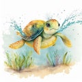 Cute Watercolor Cartoon Turtle Swimming for Kids\' Show.