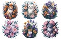 Cute Watercolor Cat in flowers blossom illustration set. T-shirt print, card. Poster cat. Peony flowers. Isolated on Royalty Free Stock Photo