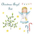 Cute watercolor Christmas angel with a trumpet in his hands, mistletoe, sweet candy canes, light bulbs and stars isolated on
