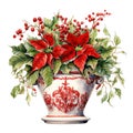 Cute watercolor christmas flowers bouquet in a decorated christmas vase illustration for christmas